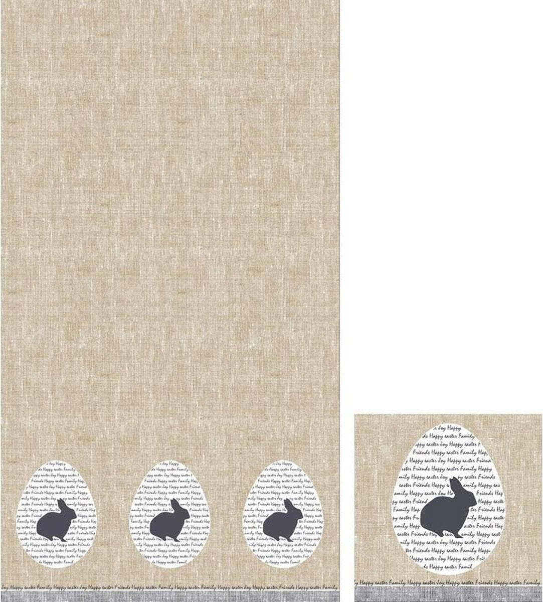 Pasen tafeldecoratie set konijn tafelkleed/servetten grijs/beige rustiek - Pasen thema papieren tafeldecoraties