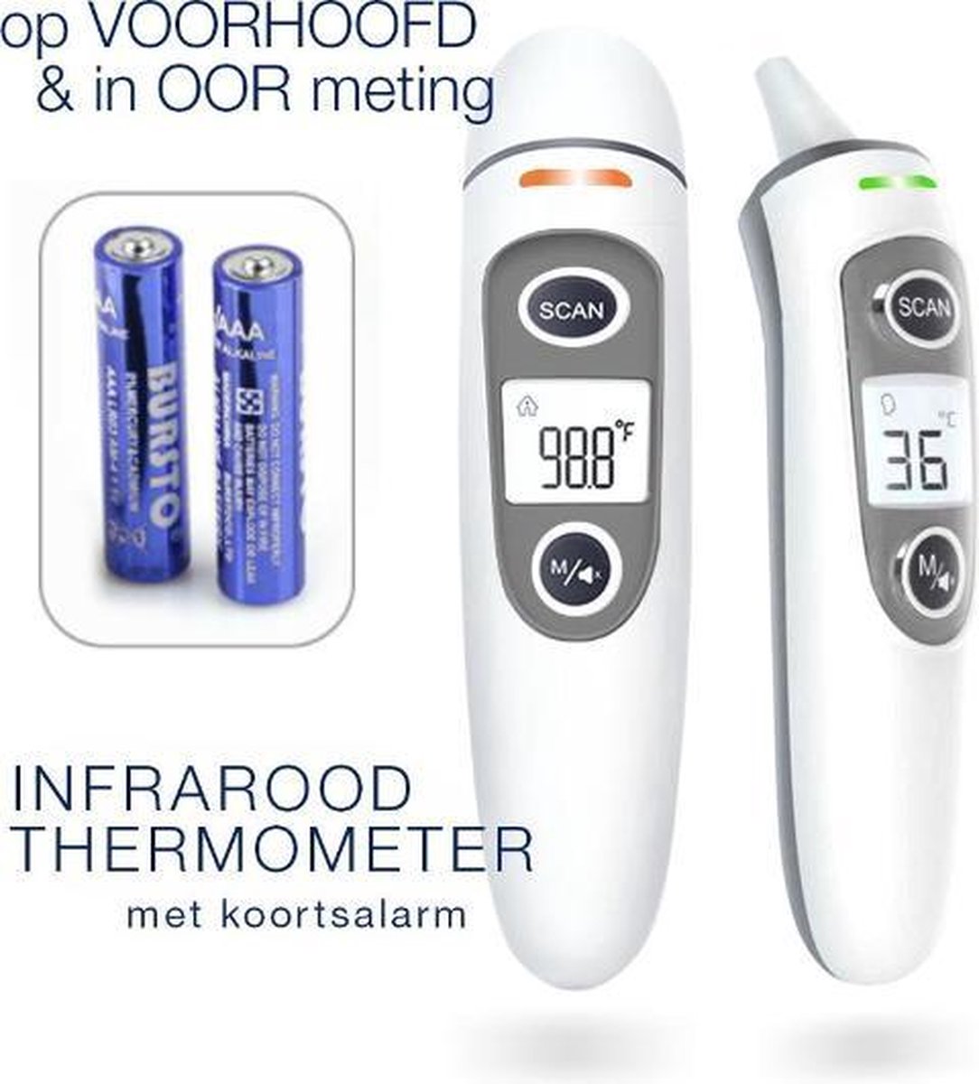 Professionele Digitale Infrarood Koortsthermometer – Thermometer Voorhoofd – Thermometer Oor – Thermometer  lichaam – Thermometer voor Volwassenen / Kinderen / Baby – Medisch - Thermometer Koorts - Coronacrisis - INCLUSIEF Batterijen EN Opbergzakje