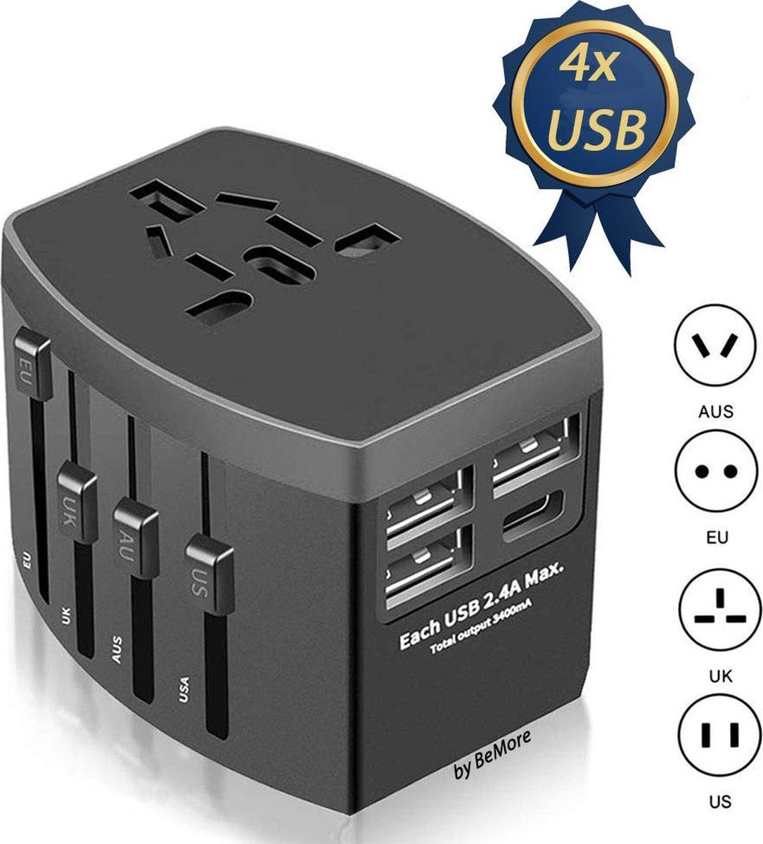 All-in-one Wereldstekker + 3 USB en 1 Type C Universele Adapter - Internationale Reis adapter - Stekker Voor UK US USA AU EU Wereld Reizen - Travel Socket Plug Converter - Design Zwart Grijs