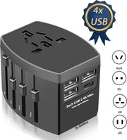 All-in-one Wereldstekker + 3 USB en 1 Type C Universele Adapter - Internationale Reis adapter - Stekker Voor UK US USA AU EU Wereld Reizen - Travel Socket Plug Converter - Design Zwart Grijs