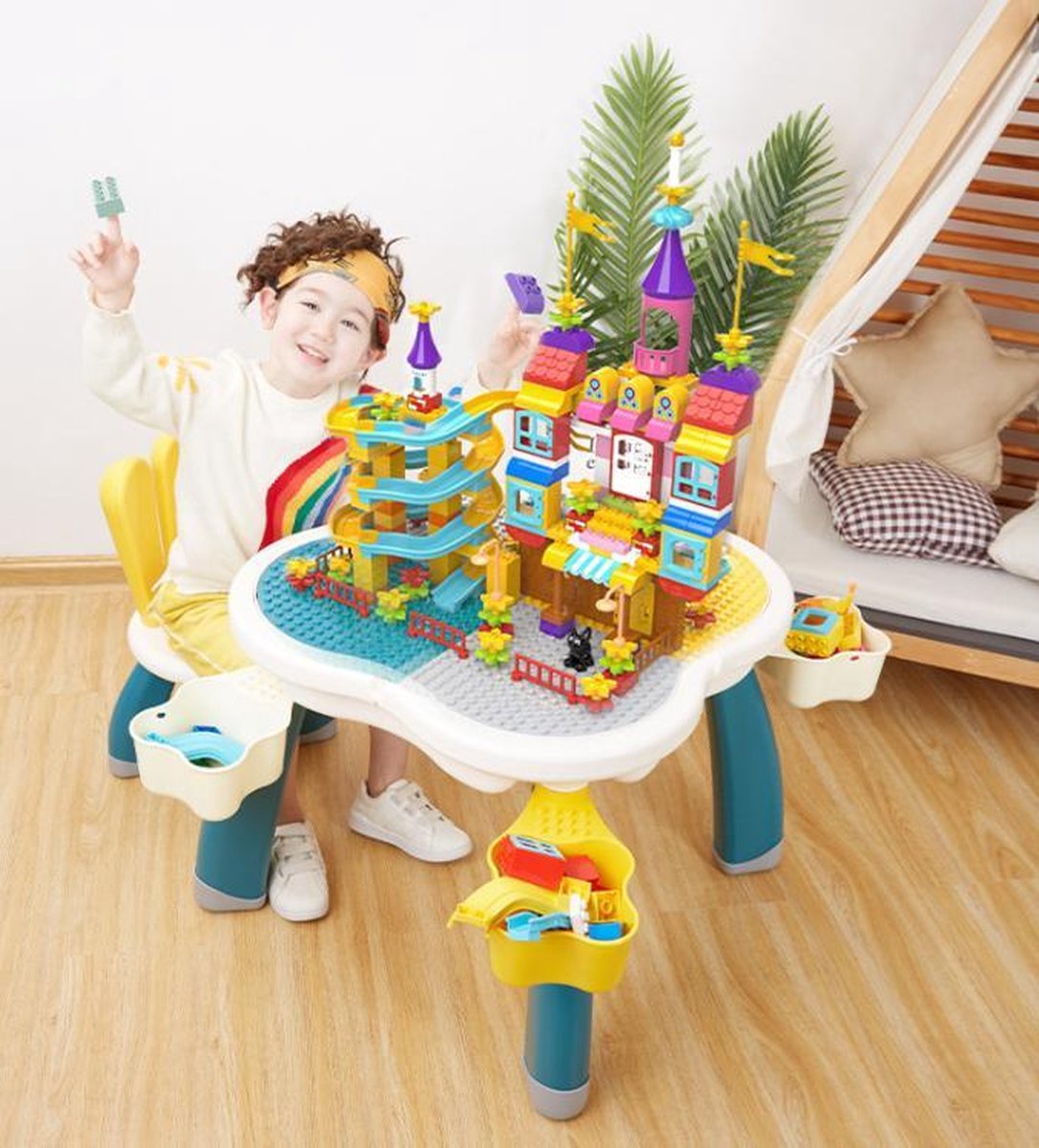 Schattige extra grote bouwtafelset - Stevige & Stabiele + 2 Bunny stoelen + 4 Opbergdozen - Speeltafel Kinderen