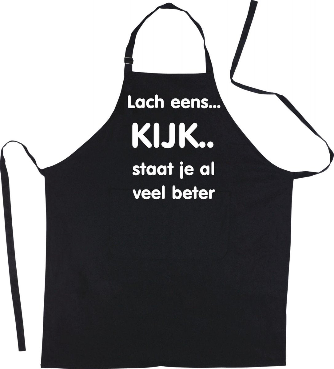 Mijncadeautje Schort - Lach eens.. - opdruk wit - mooie en exclusieve keukenschort - zwart