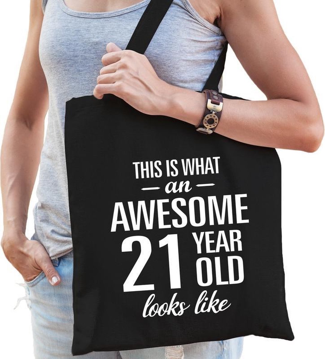 Awesome 21 year / geweldig 21 jaar cadeau tas zwart voor dames - kado tas / verjaardag tasje / shopper