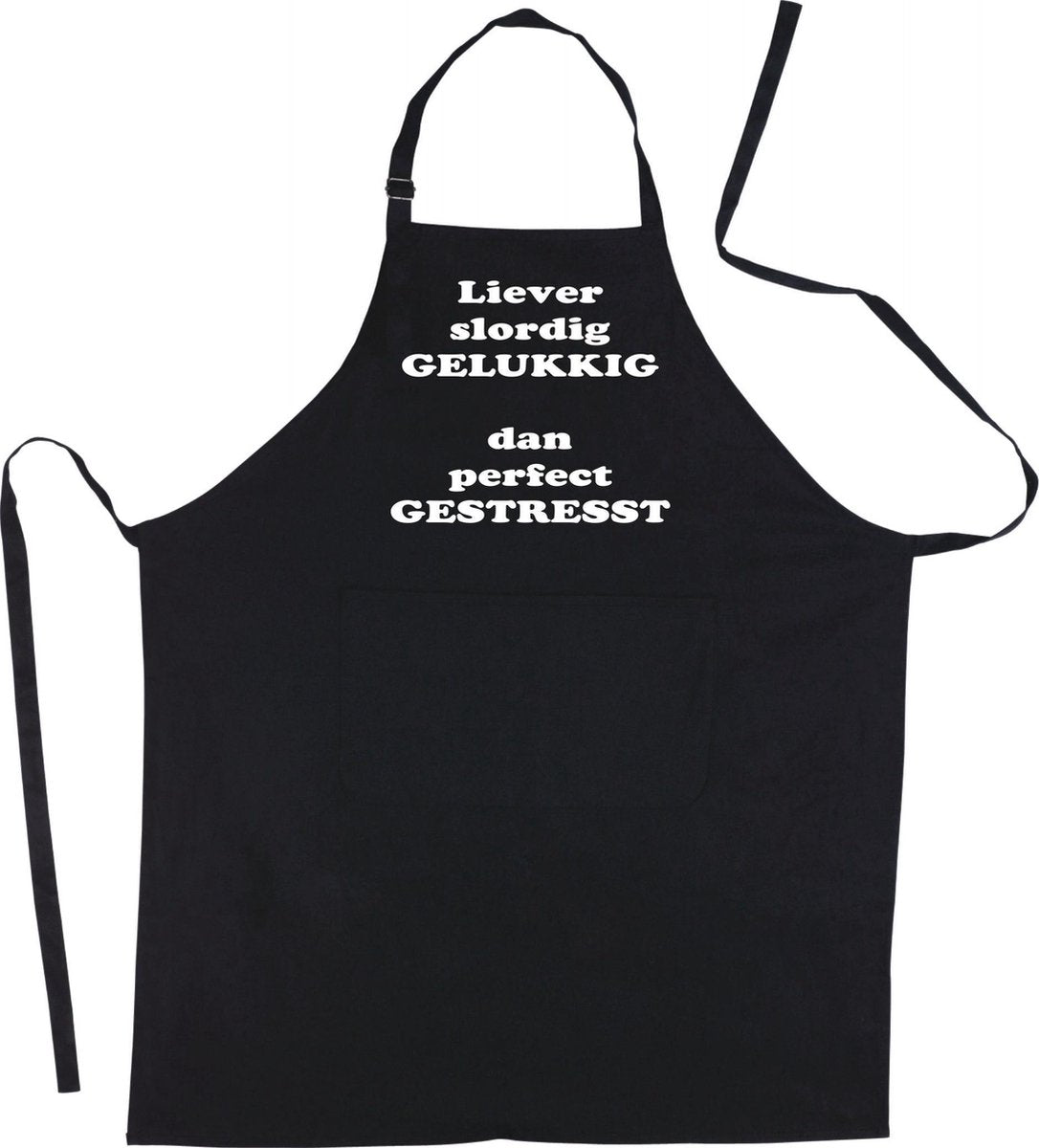 Mijncadeautje Schort - Slordig gelukkig - opdruk wit - mooie en exclusieve keukenschort - zwart
