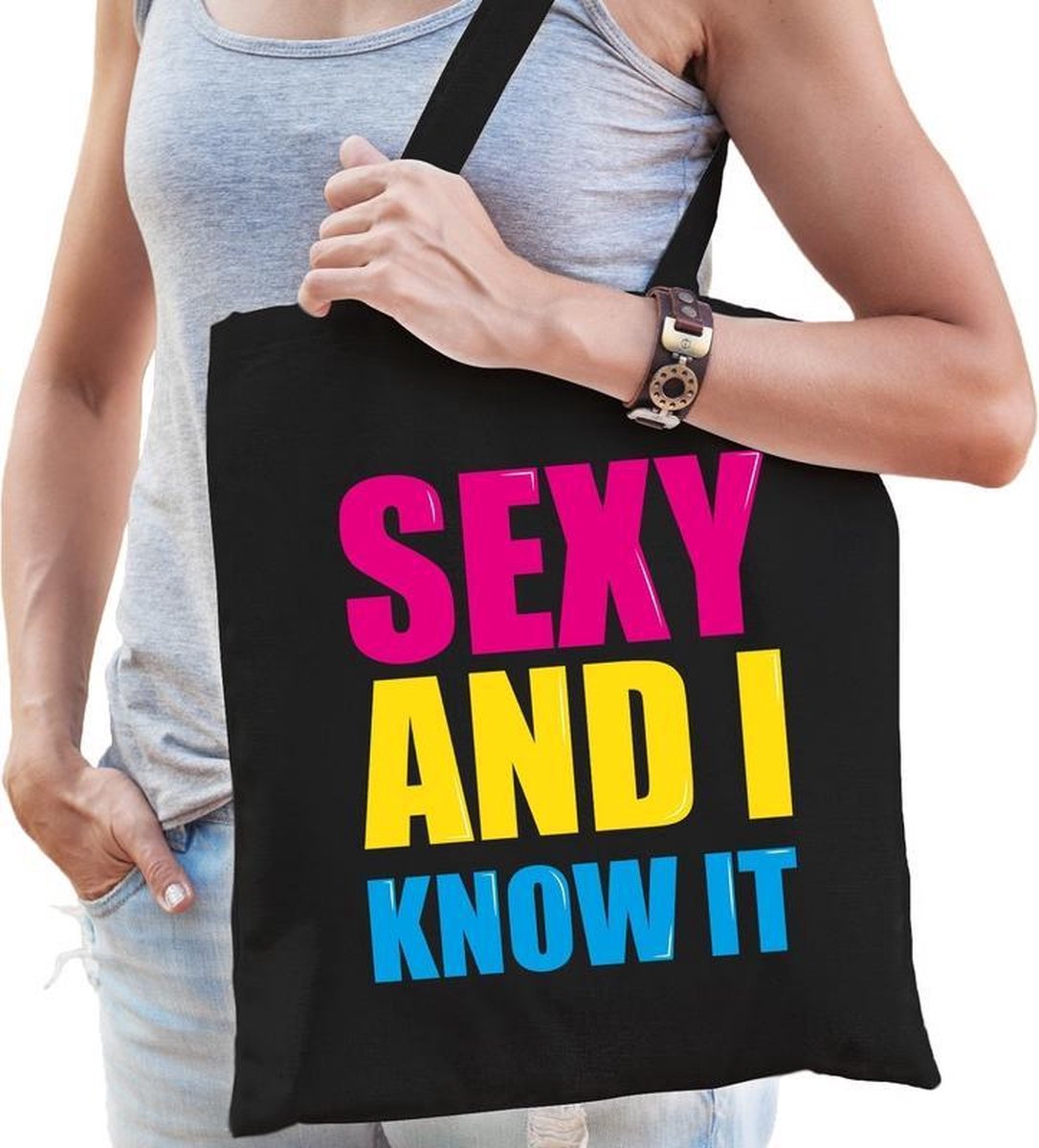 Sexy and i know it cadeau tas zwart voor dames cadeau katoenen tas zwart voor dames - kado tas / tasje / shopper