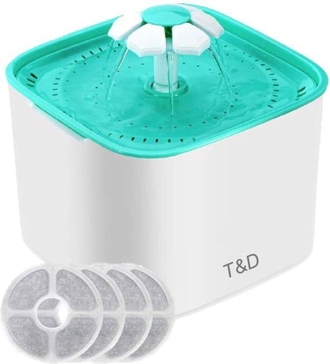 T&D - Drinkfontein Voor Hond/Kat - Hond - Kat - Hondenfontein - Kattenfontein - Water Fontein - Drinkbakken - Poezen Fontein Set met 4 Filterpatronen - Waterautomaat - Waterdispenser - Drinkbak - Incl. 4 Filters - Wit/Groen - 2L