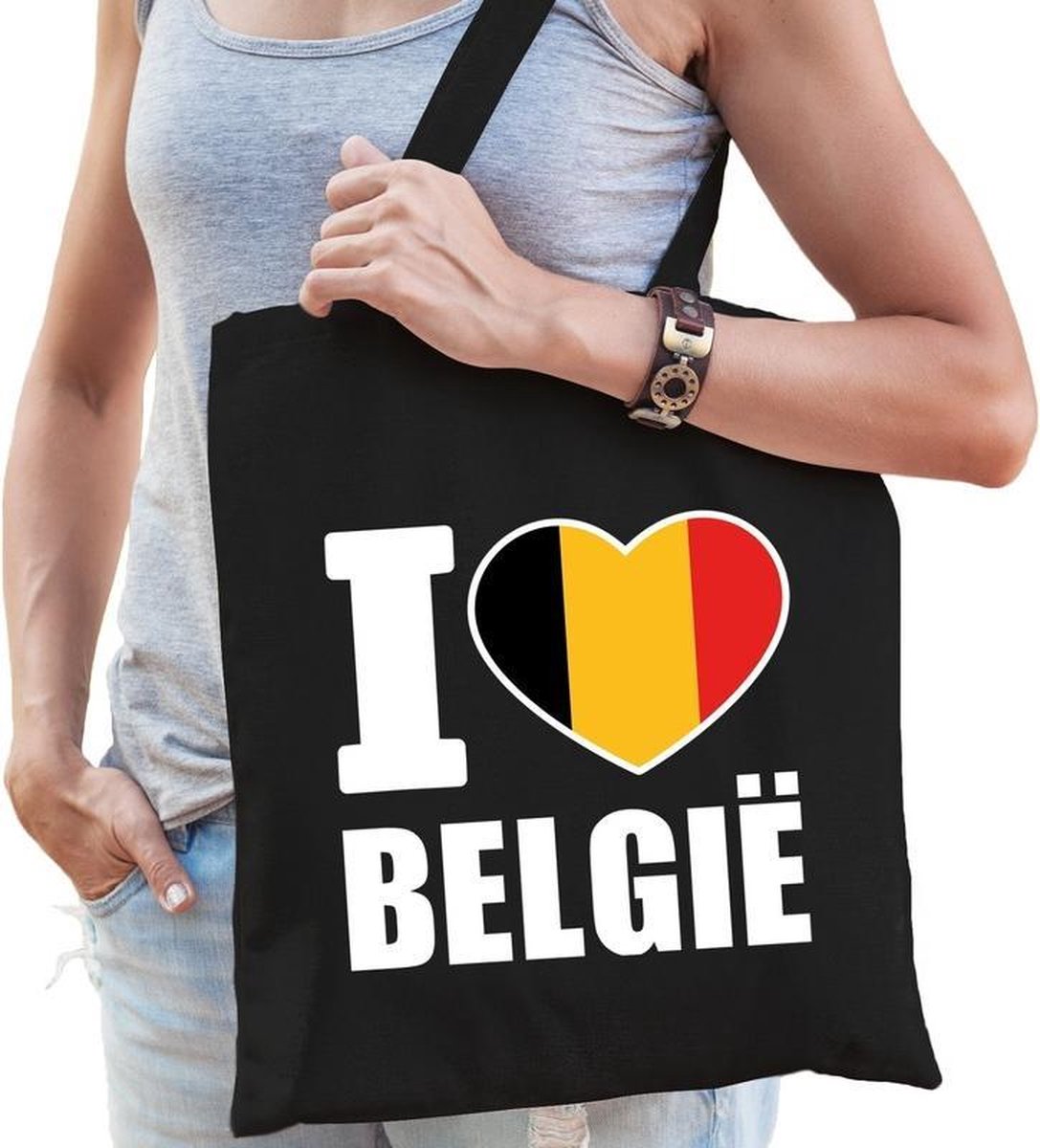 Katoenen Belgisch tasje I love Belgie zwart - 10 liter - Belgie landen cadeautas