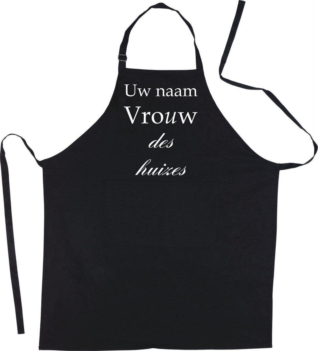 Mijncadeautje Schort - Vrouw des Huizes - met voornaam - leuke en exclusieve keukenschort - zwart