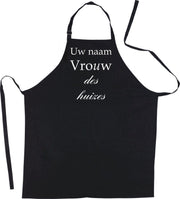 Mijncadeautje Schort - Vrouw des Huizes - met voornaam - leuke en exclusieve keukenschort - zwart