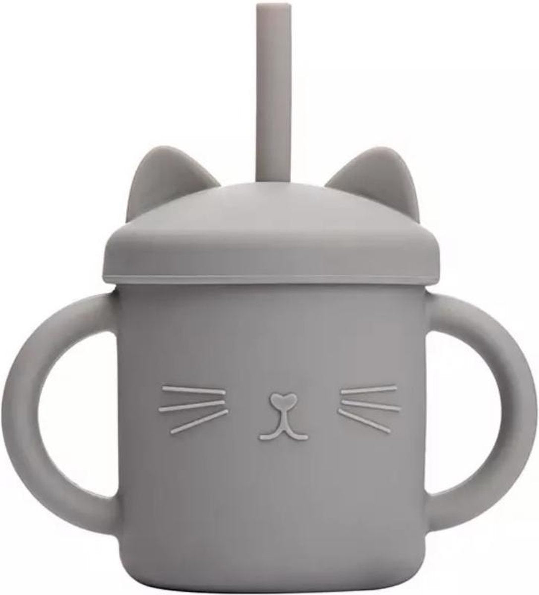 SIIDDS - siliconen drinkbeker cat - grijs - beker - drinkbeker met deksel en rietje - BPA-vrij - kat - dreumes - peuter - kleuter - tableware - etenstijd - grey