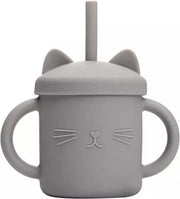 SIIDDS - siliconen drinkbeker cat - grijs - beker - drinkbeker met deksel en rietje - BPA-vrij - kat - dreumes - peuter - kleuter - tableware - etenstijd - grey
