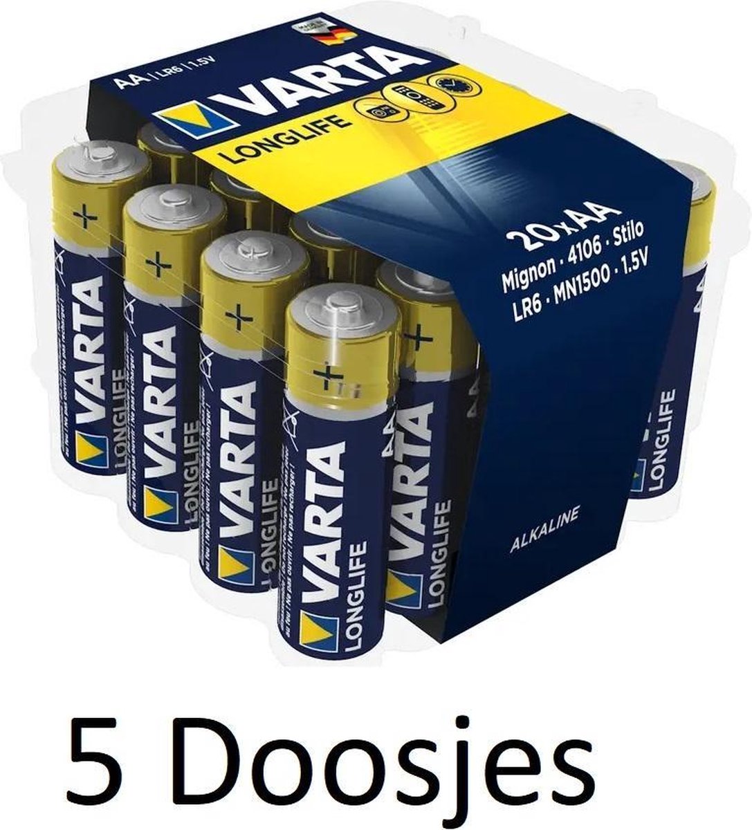 100 stuks (5 doosjes a 20 st) Varta Longlife AA Alkeline Batterijen