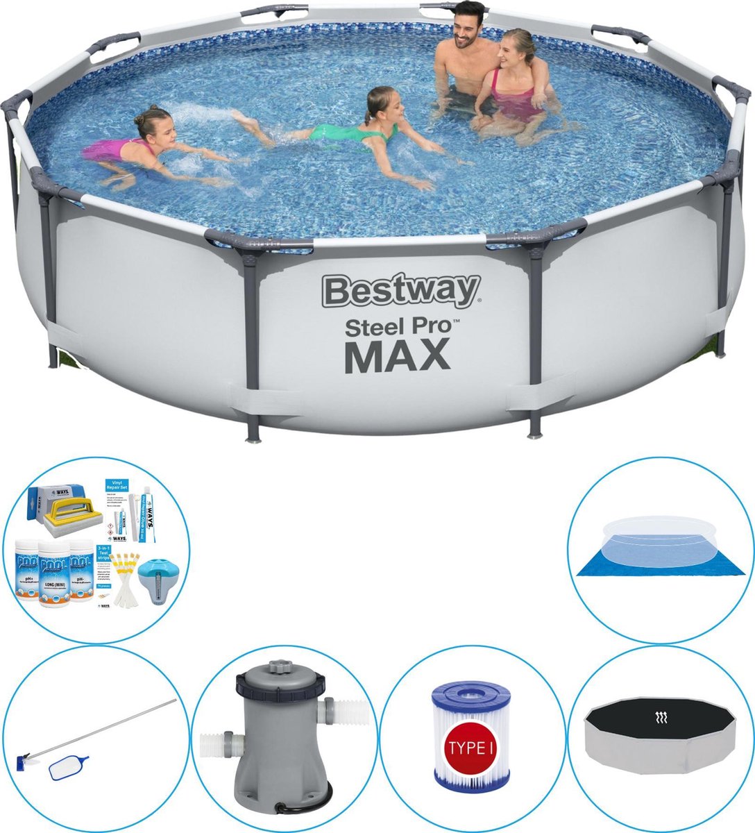 Zwembad Combinatie Set - Bestway Steel Pro MAX Rond 305x76 cm