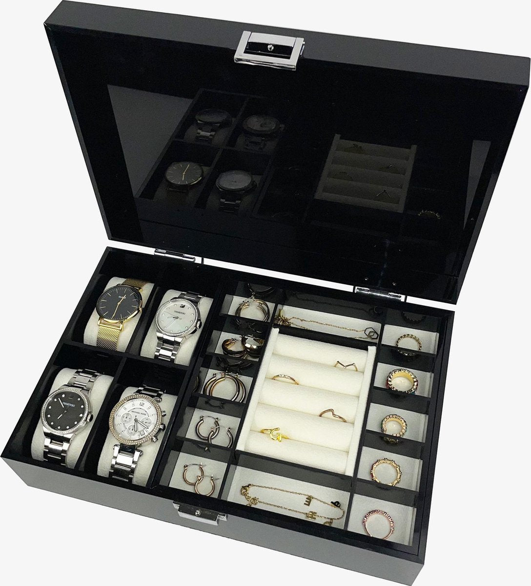 Sieradendoos Cindy | Met anti-slip mat Vakjes voor ringen en sieraden | Zwart | Acryl | Met naar boven openslaande klep |Sieraden organizer | Jewellery organizer | Jewelery organizer | Organizer | Sieradenbox | Jewellery box | Jewelery box |Beautybox