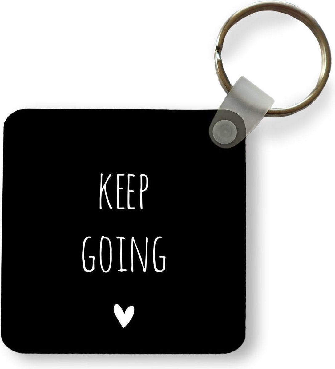 Sleutelhanger - Engelse quote Keep going met een hartje op een zwarte achtergrond - Plastic