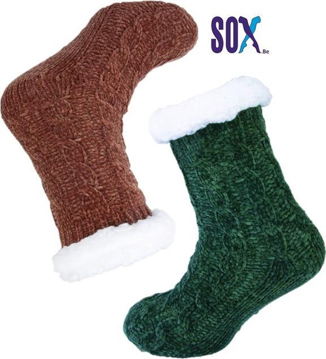 SOX Huissokken 2 PACK 37/42 Unisex met ABS anti slip in fantasie Donkergroen en Roest effen met kabel Super warm gevoerd