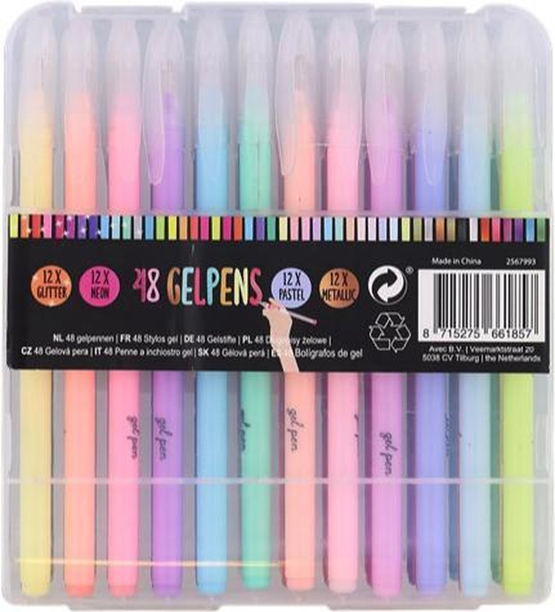48 Gelpennen in koffertje - 12x Glitter - 12x Neon - 12x Pastel - 12x Metallic Uitdeelcadeautjes