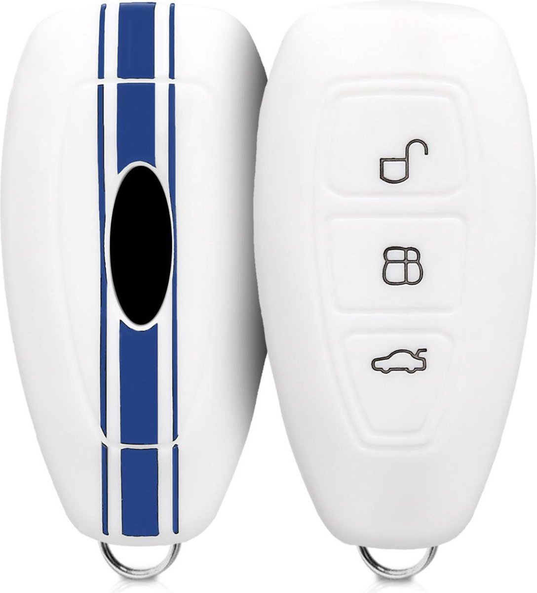 kwmobile autosleutelhoes voor Ford 3-knops autosleutel Keyless Go - Siliconen beschermhoes in blauw / wit - Rallystrepen design