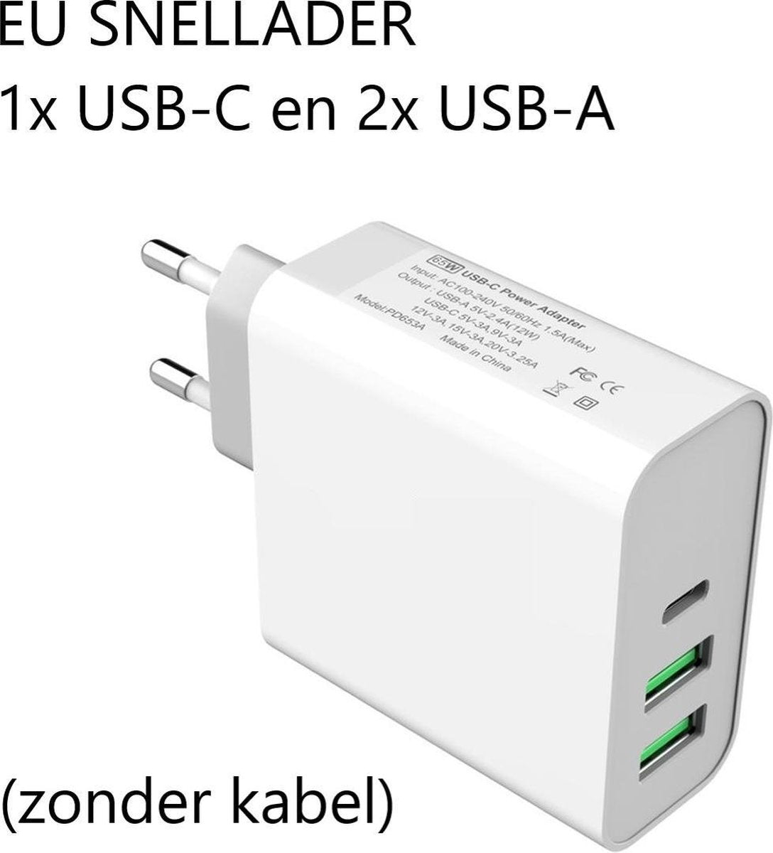 USB-C 65W  + 2x USB-A 12W lader met QuickCharge 3.0 - Geschikt voor MacBook Pro 13" MacBook Air 2020 iPad Pro en andere Laptops tot 65W - Alleen lader
