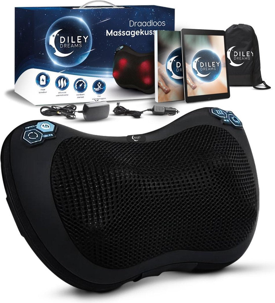 Diley Dreams® Draadloos Massagekussen - Shiatsu Nekmassage - 4 Roterende ballen - Warmte Functie - Instelbare Snelheid en Draairichting - Voor Thuis en in de Auto