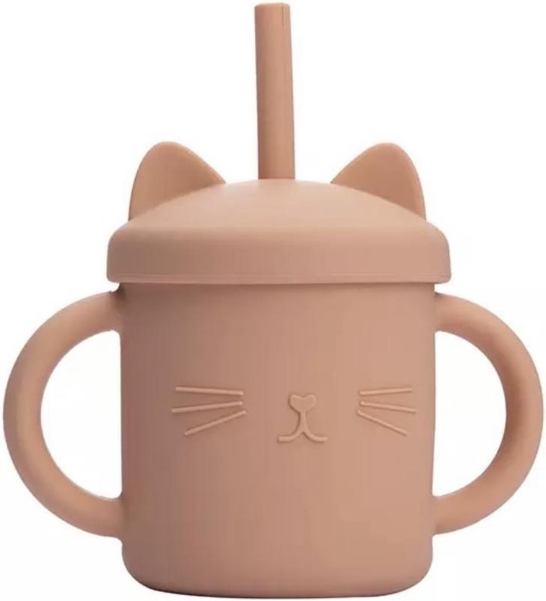 SIIDDS - siliconen drinkbeker cat - oranje - beker - drinkbeker met deksel en rietje - BPA-vrij - kat - dreumes - peuter - kleuter - tableware - etenstijd - orange