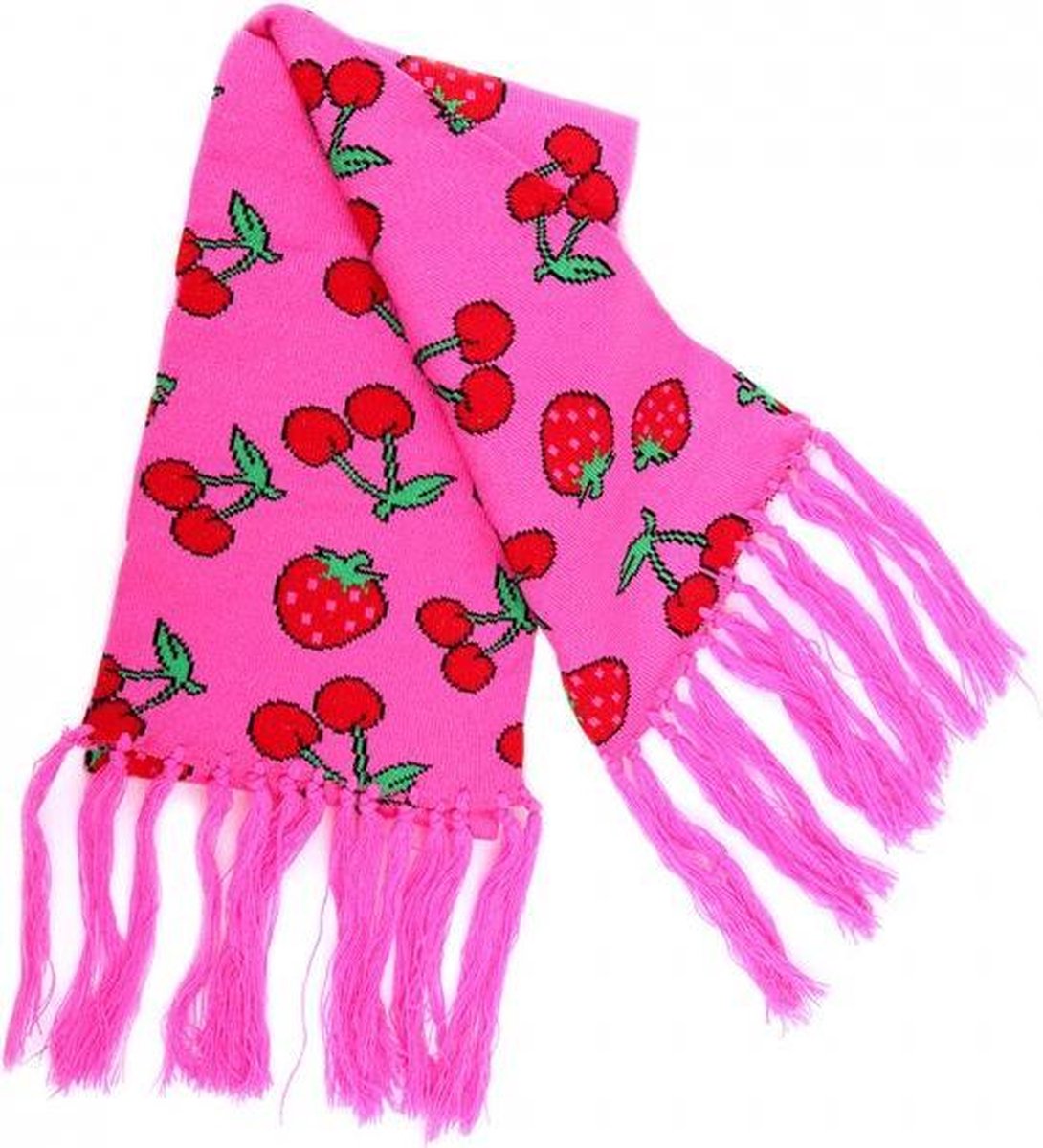 Rock Daddy Roze Sjaal met Aardbeien en Kersen Patroon – 140x19cm | Zachte Kwaliteit Brede Sjaal met Franjes | Omslagdoek met Harige Zijkanten | Tegen Kou en Wind | Winter | Breed | Haar | Acryl