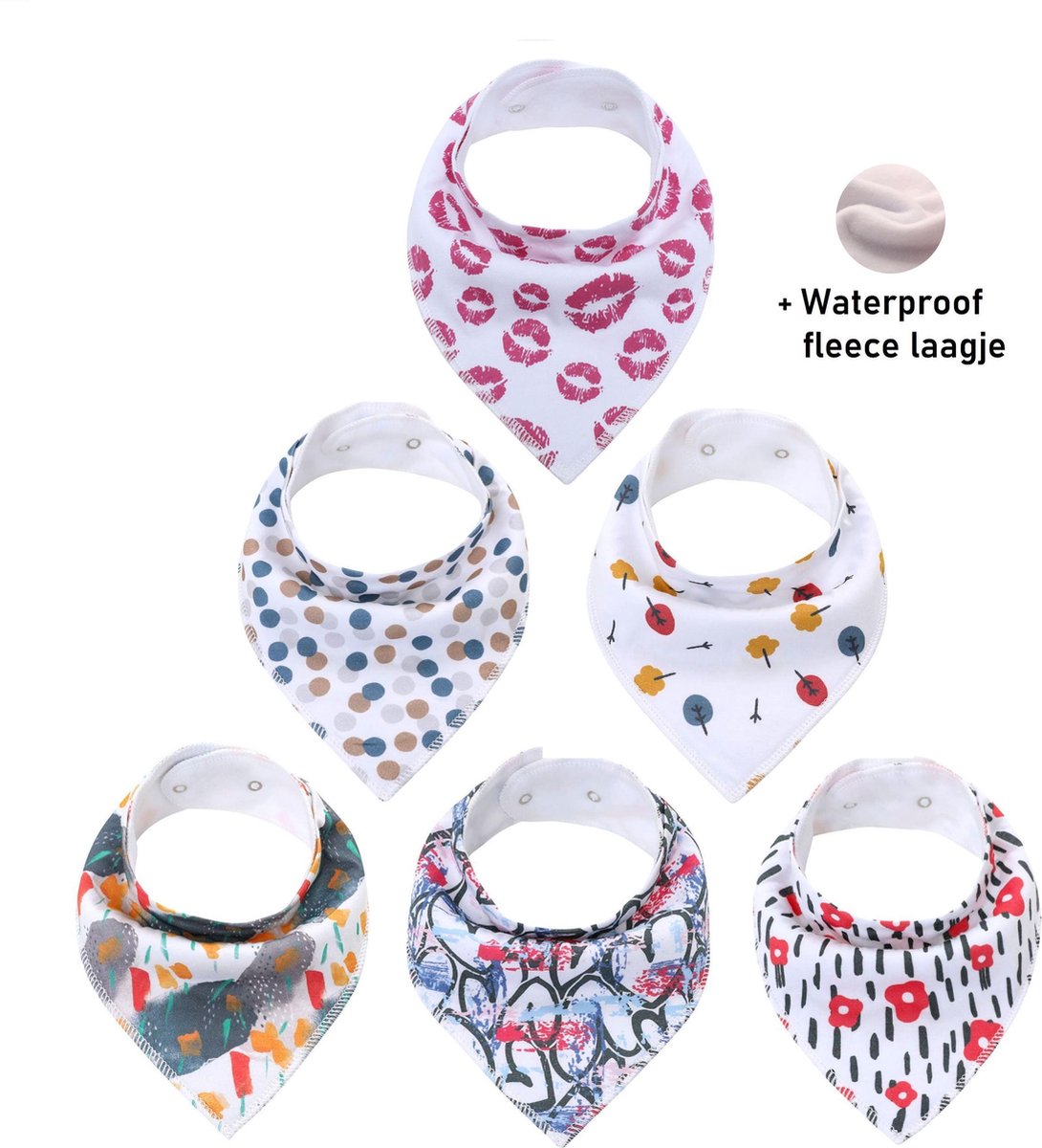 Set van 6 stuks | Bandana kwijl Slabbetjes meisjes kusjes hartjes - puntslabbetjes - waterproof
