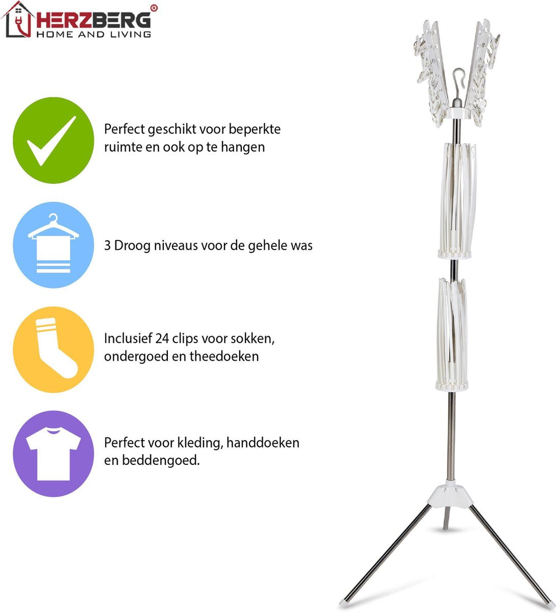 Herzberg : Kleding- en Handdoekenrek - Droogtoren - 170 cm Hoog - Droogrek Inklapbaar - Wasrek - 32 Ophang Punten + 24 Clips
