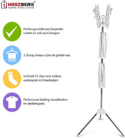 Herzberg : Kleding- en Handdoekenrek - Droogtoren - 170 cm Hoog - Droogrek Inklapbaar - Wasrek - 32 Ophang Punten + 24 Clips