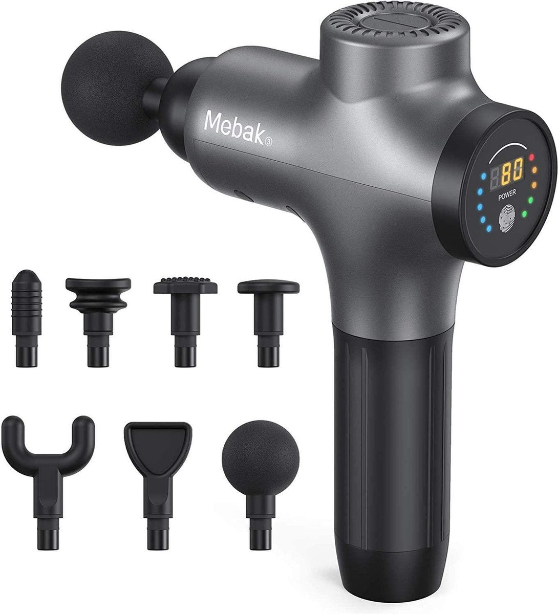 MEBAK Massage gun - massagegeweer Spierstimulator Elektrische handmassage Fascia Diep weefsel voor nekruglichaam Draagbaar met stille borstelloze motor 7 koppen 5 snelheden