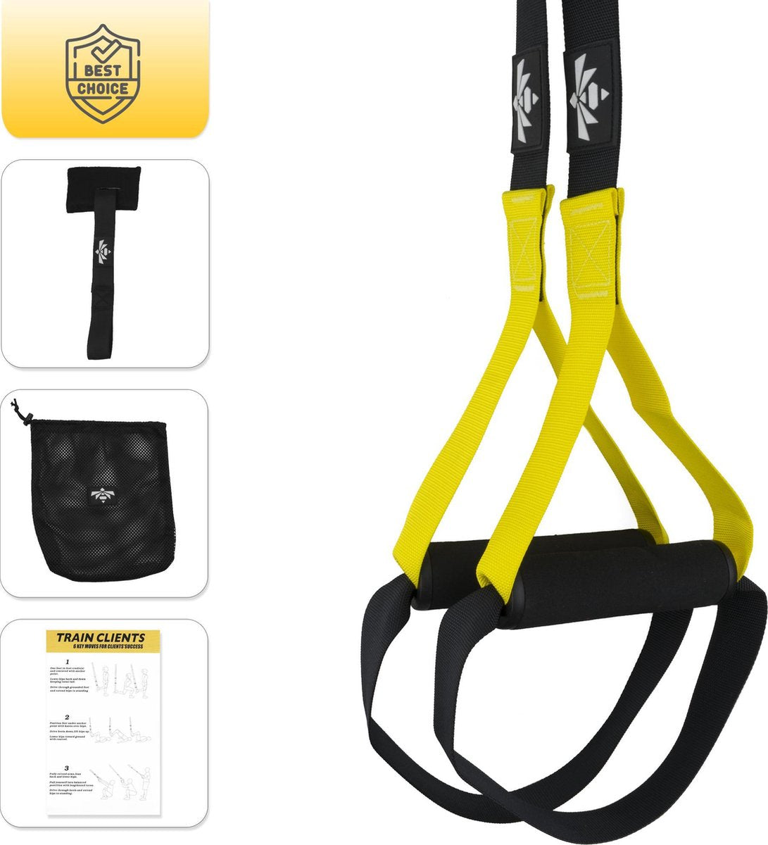 Beeletix TRX Suspension Trainer Set met Deuranker en Opbergtas - Zwart/Geel