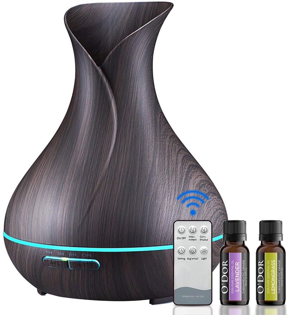 O'dor® Aroma Diffuser - EXTRA Lavendel + Lemongrass Etherische Olie -  Afstandsbediening - Donkerbruin