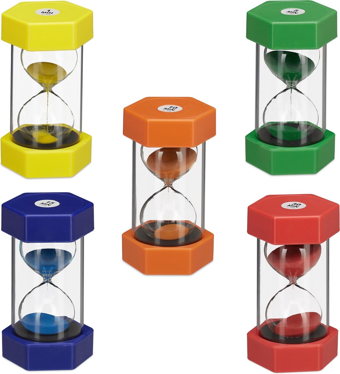 relaxdays zandlopers kinderen - 5 stuks - tijd leren - groot - douche timer - onbreekbaar
