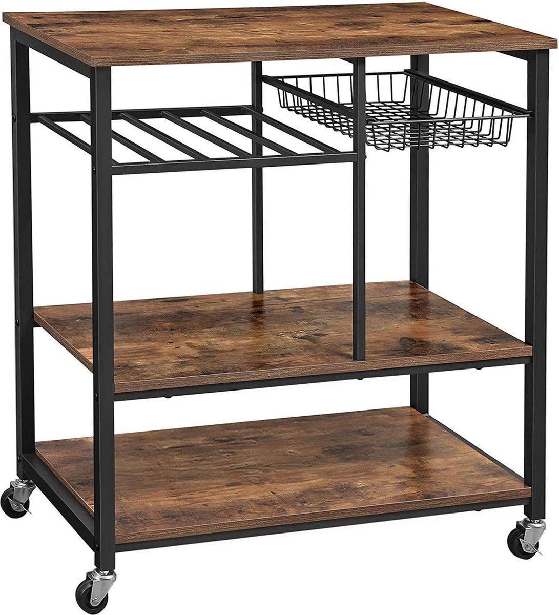 Nancy's Vintage Keukenwagen - Serveerwagen - Keukentrolleys - Rustiek Bruin - Industriële Trolley - 80 x 40 x 86.5 cm