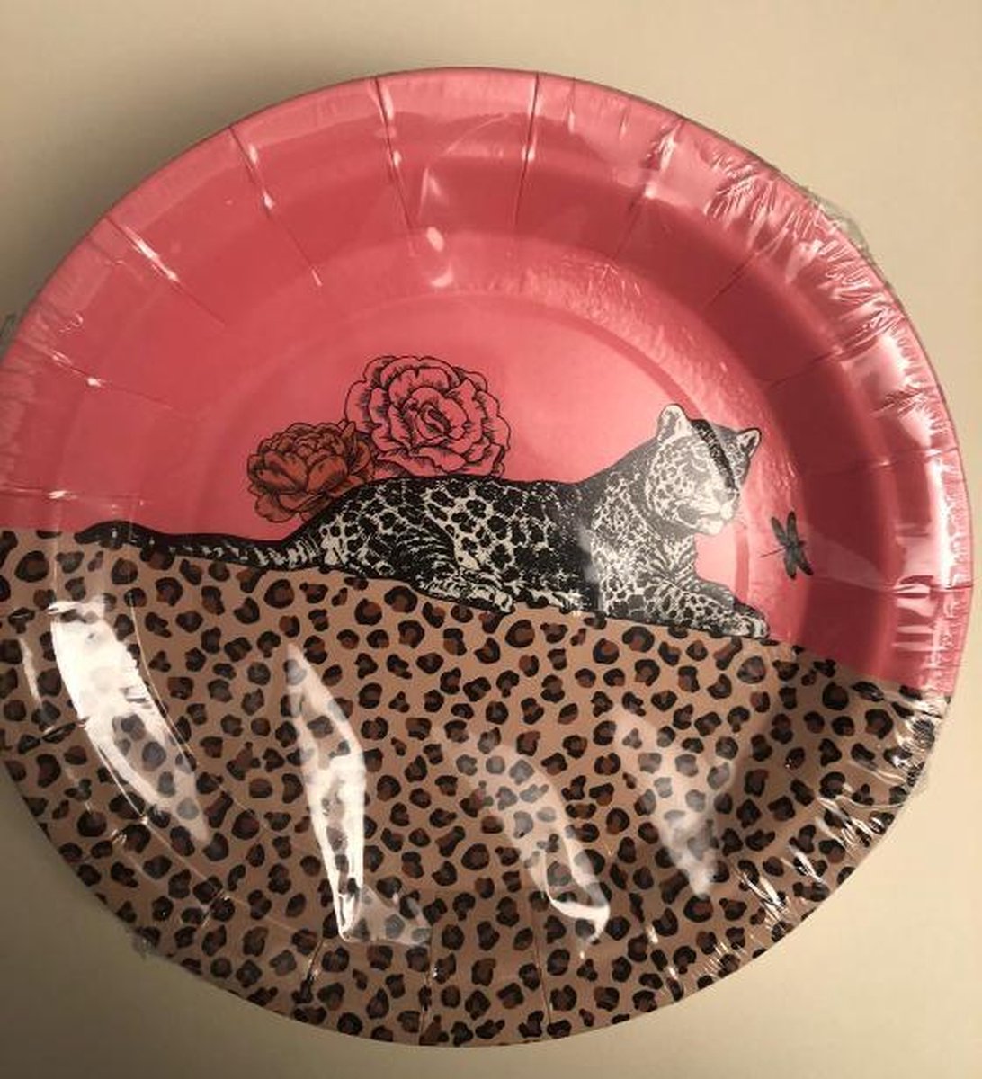 Kartonnen Bordjes roze met tijger print 18 cm 8 st - Wegwerp borden - Feest/verjaardag/BBQ borden