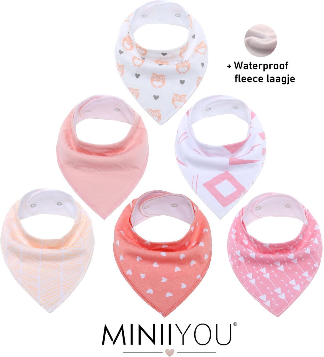 MINIIYOU Bandana Kwijlslabbetjes - Roze/Wit - 6 Stuks - Puntslabbetjes -  Katoen