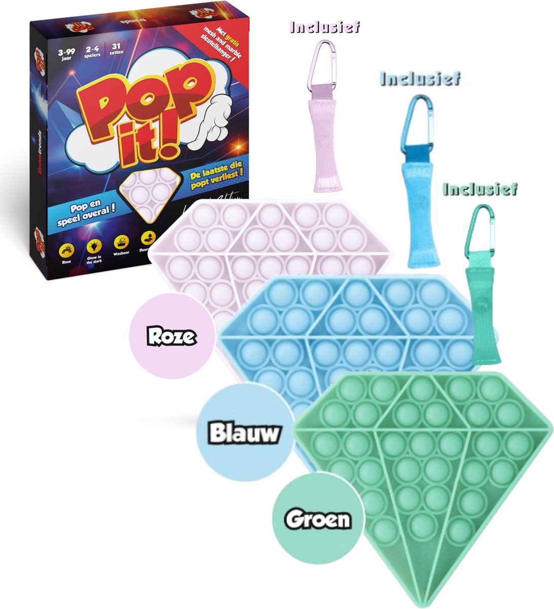 Ecomtrends® Pop It Glow in the dark Fidget Toy Pakket met Mesh and Marble- Diamant Pop It - Speelgoed Meisjes & Jongens - PopIt
