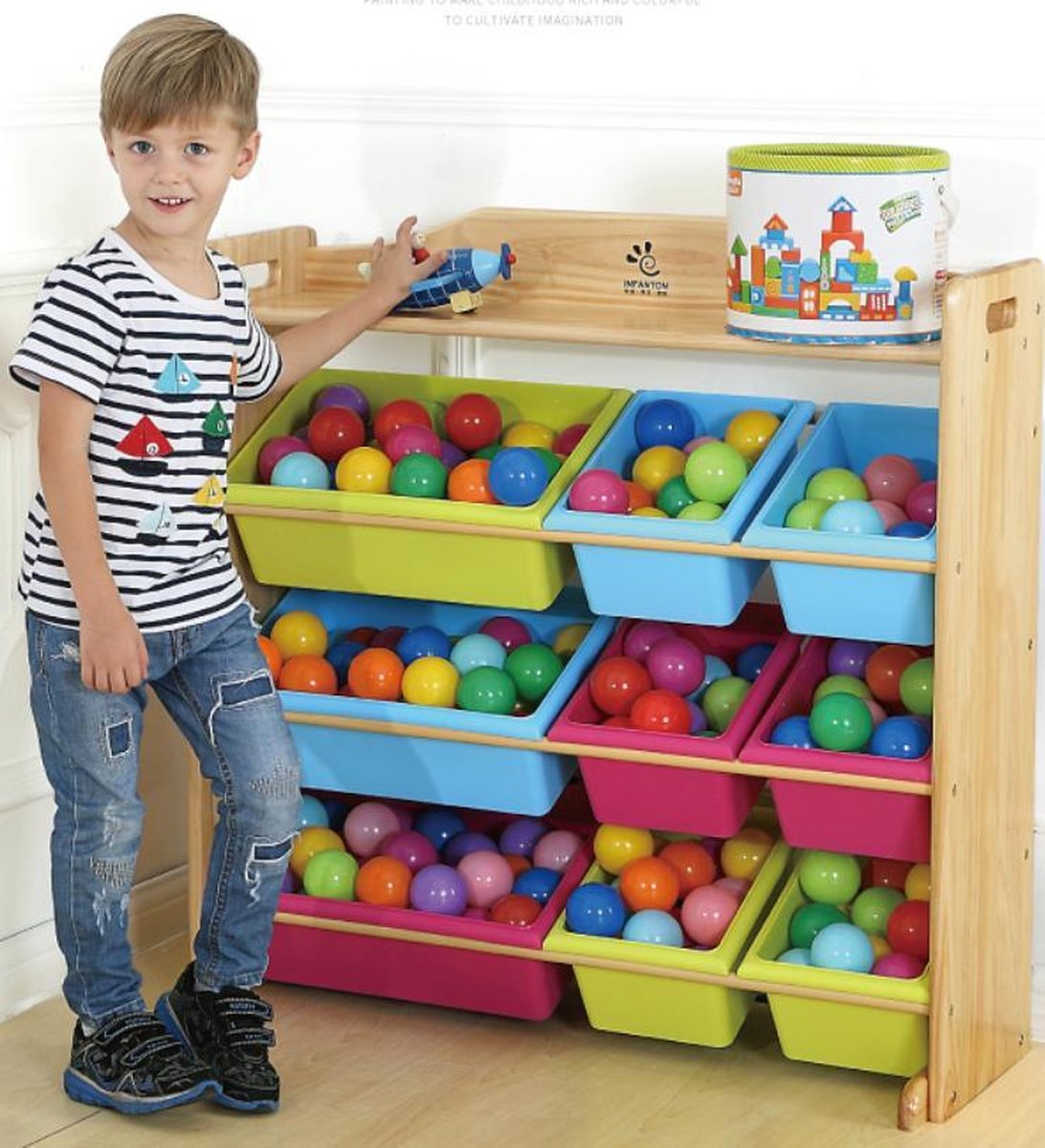 Infanton Massief houten 3-laags Kast met 9 Opslagbakken & Boekenplank - Wit 105CM- Opbergkast - Speelgoedrek - Opbergrek kinderen - Speelgoedboxen - Opbergmeubel - Kast voor kinderkamer - Kinderkast - Organizer - Speelgoedkast - Meubels  kinderkamer