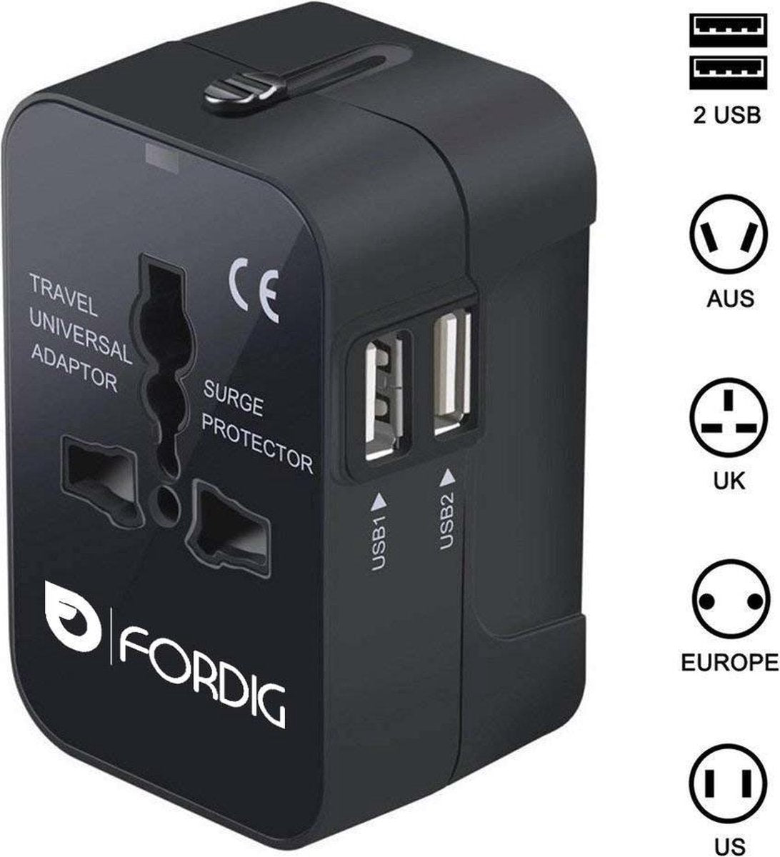 Universele Wereldstekker met 2 USB poorten - Reis stekker - Reis adapter - Wereldadapter - Reis verloopstekker - +150 landen – Afrika – Azië – Amerika (VS) – Zuid Amerika – Australië - Engeland