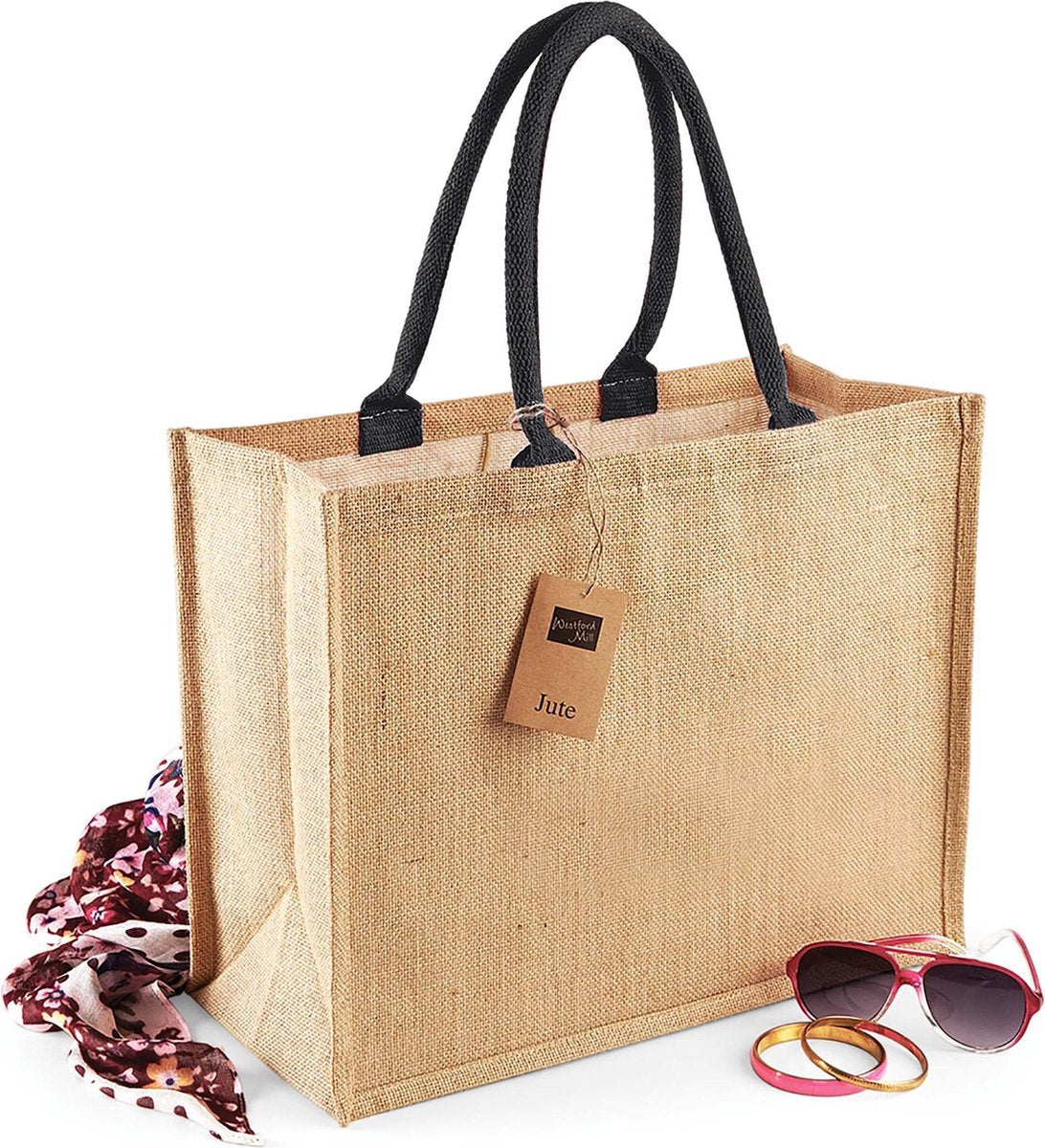 Jute boodschappentas/shopper naturel/zwart 42 x 33 x 19 cm - Naturel goodiebag 21 liter
