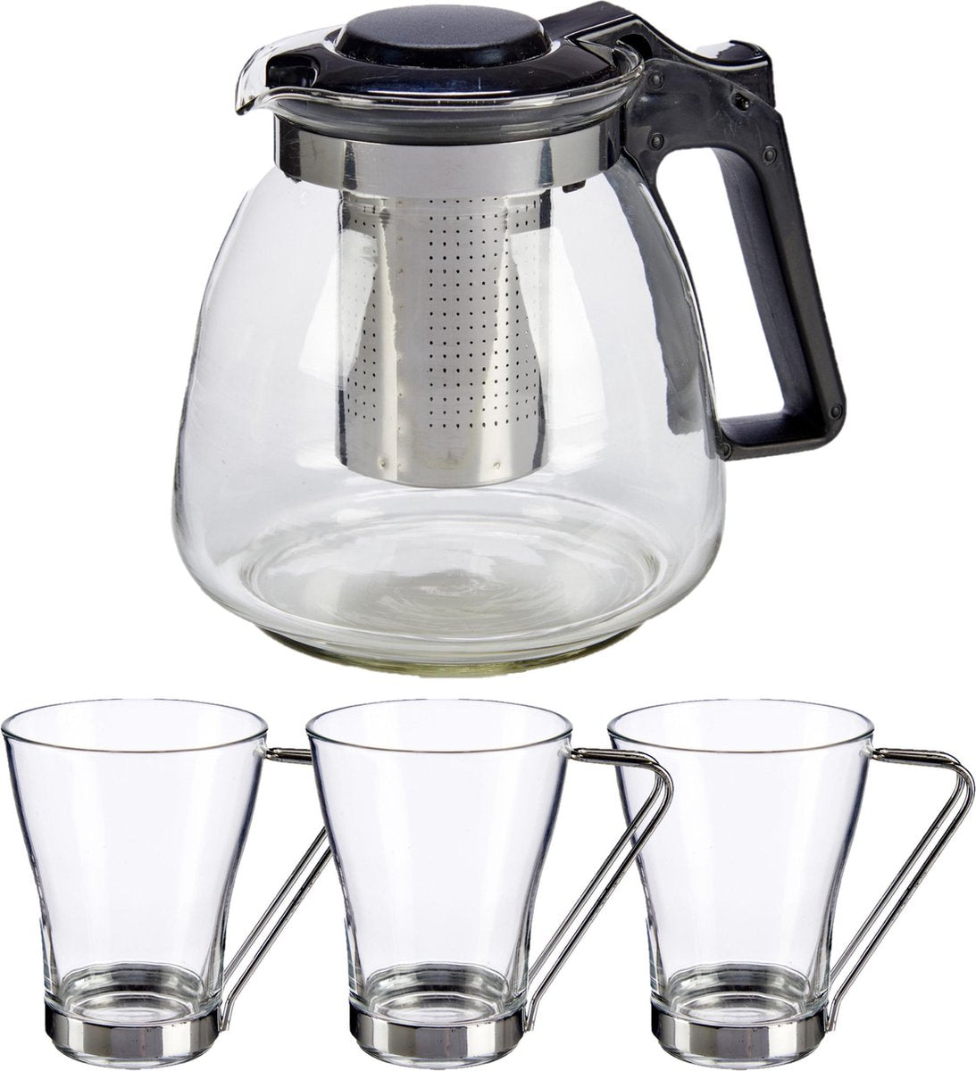 Glazen theepot met filter/infuser van 900 ml met 3x stuks theeglazen van 240 ml