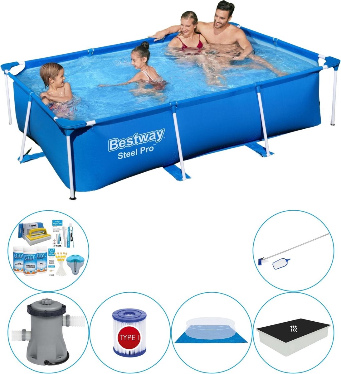 Bestway Steel Pro Rechthoekig 259x170x61 cm - Zwembad Combinatie Set