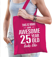 Awesome 25 year / geweldig 25 jaar cadeau tas roze voor dames - kado tas / verjaardag tasje / shopper