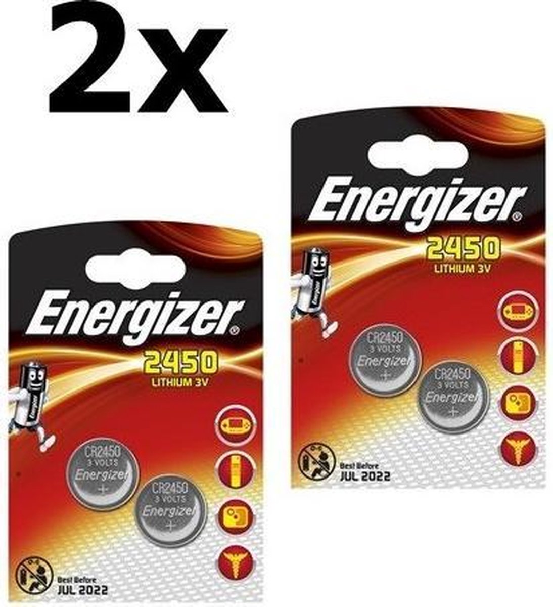 4 Stuks (2 Blister a 2st) Energizer CR2450 3v lithium knoopcelbatterij