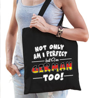 Not only am I perfect but im German too katoenen kado tas zwart - dames - Duitsland cadeau tas