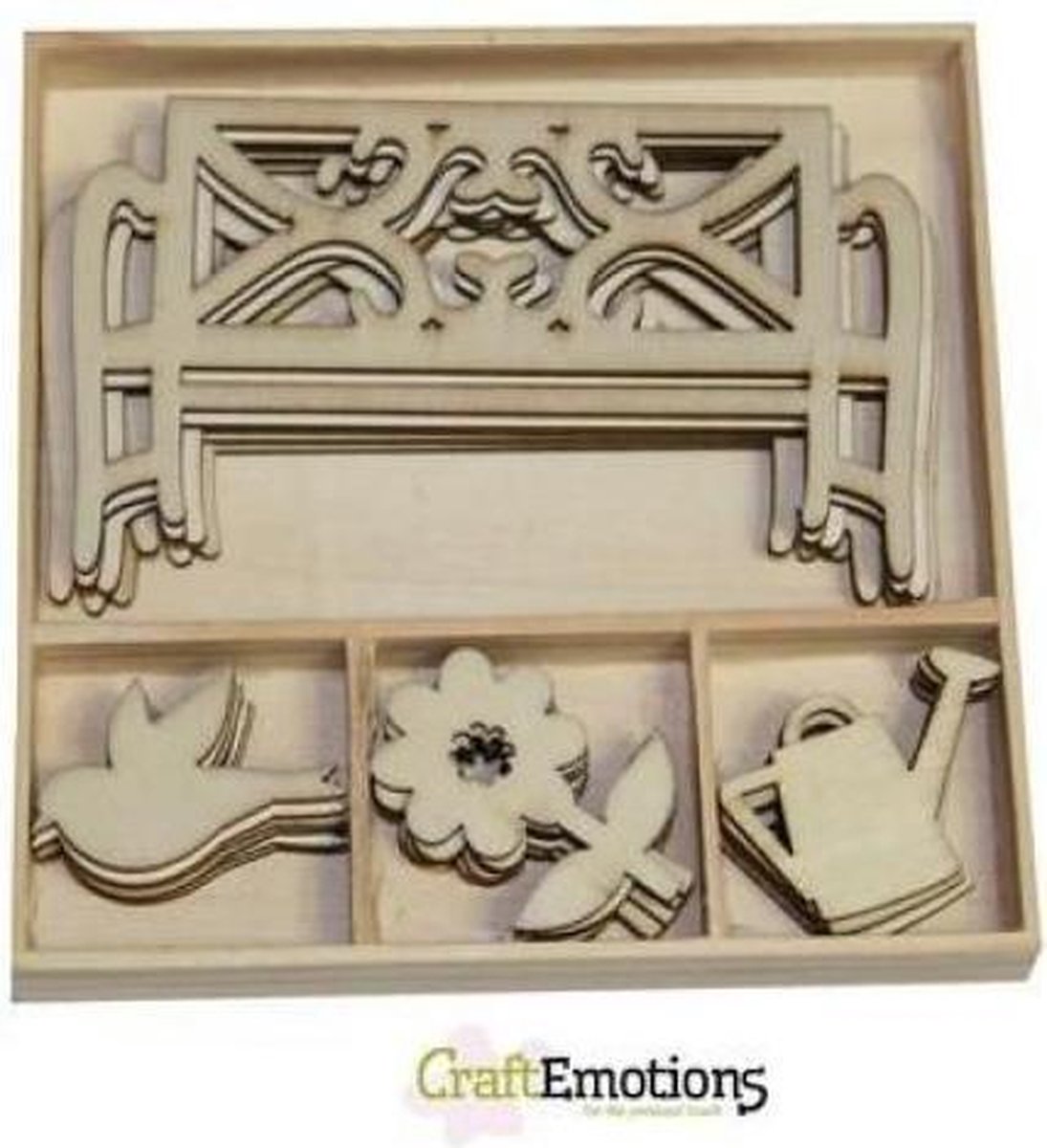 CraftEmotions Houten ornamenten - tuinbank. bloem 20 assorti  - box 10.5 x 10.5 cm