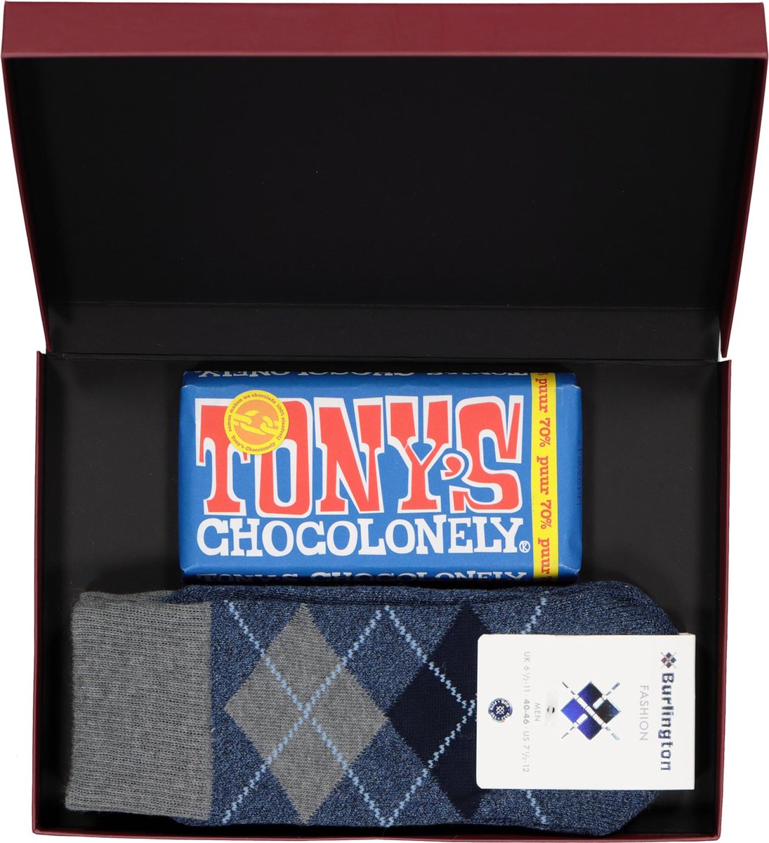 Hot Chocolade heren cadeauset Burlington Huissokken met pure chocolade - blauw geruit -  Maat: 40-46