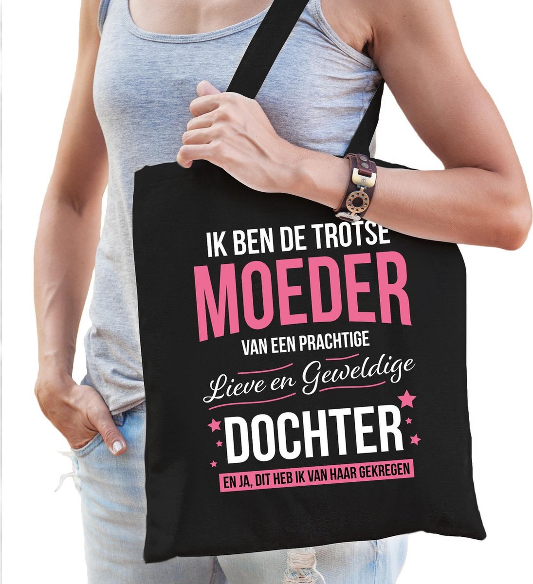 Trotse moeder / dochter cadeau tas zwart voor dames - kado tas / tasje / shopper - Moederdag cadeau