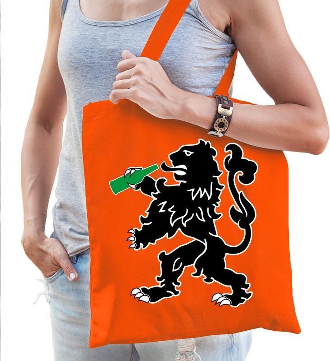 Oranje Koningsdag tasje met drinkende leeuw voor dames - Oranje supporter accessoire