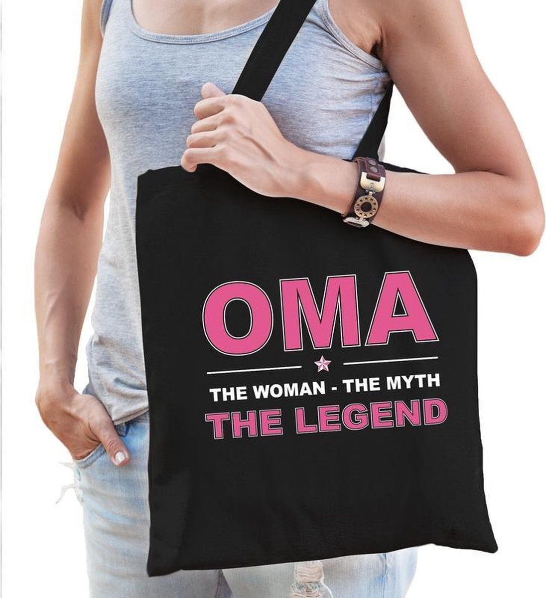 Oma the woman the myth the legend katoenen tas zwart voor dames - cadeau / verjaardag tassen - kado /  tasje / shopper